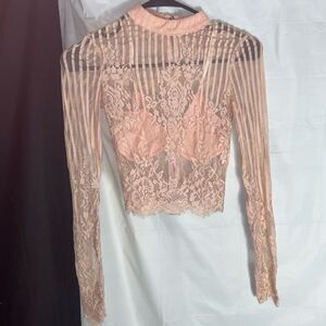 Women's Pink Long Sleeve 100% Nylon Top Sheer with built-in Bra Size XS/S